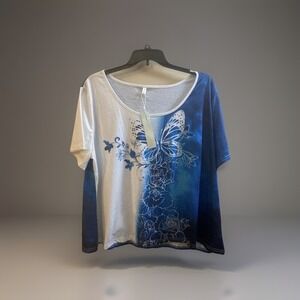 DressFo Top Womens 5X (Fits 4X) Elegant Blue & White Butterfly Print Brand New